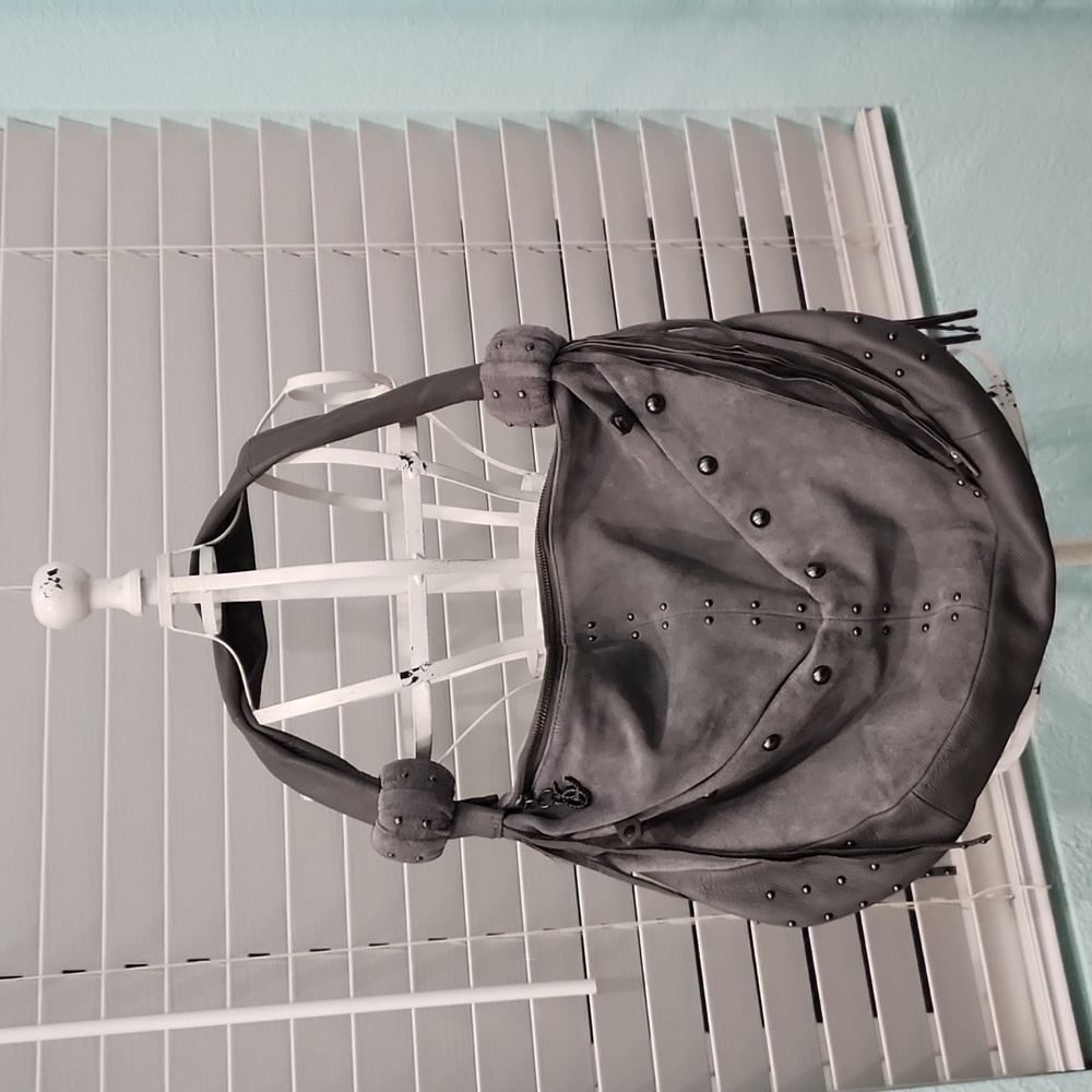 Suede Studded Gray  Hobo Bag with Fringe by Queen Latifah $179 MSRP NWOT